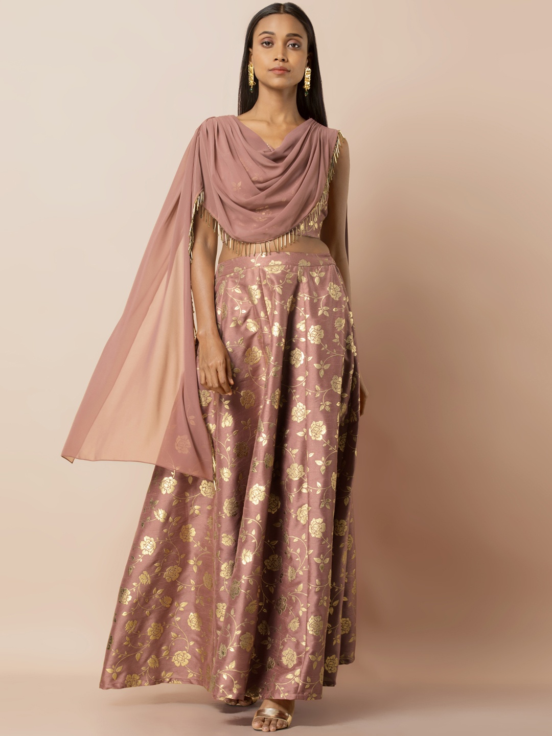 

INDYA Women Pink Embellished Crop Top with Attached Dupatta