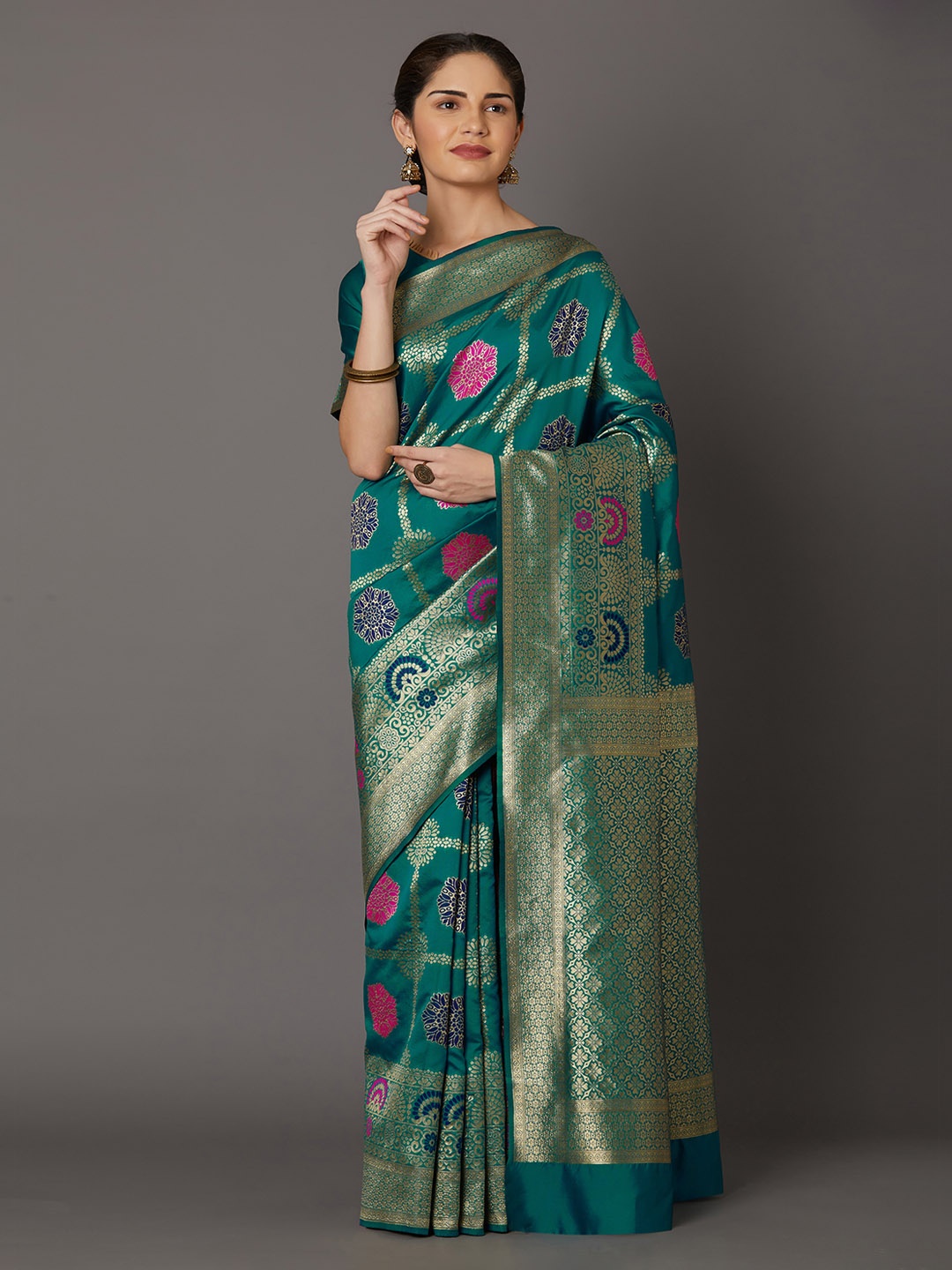 

Mitera Green & Pink Silk Blend Woven Design Kanjeevaram Saree