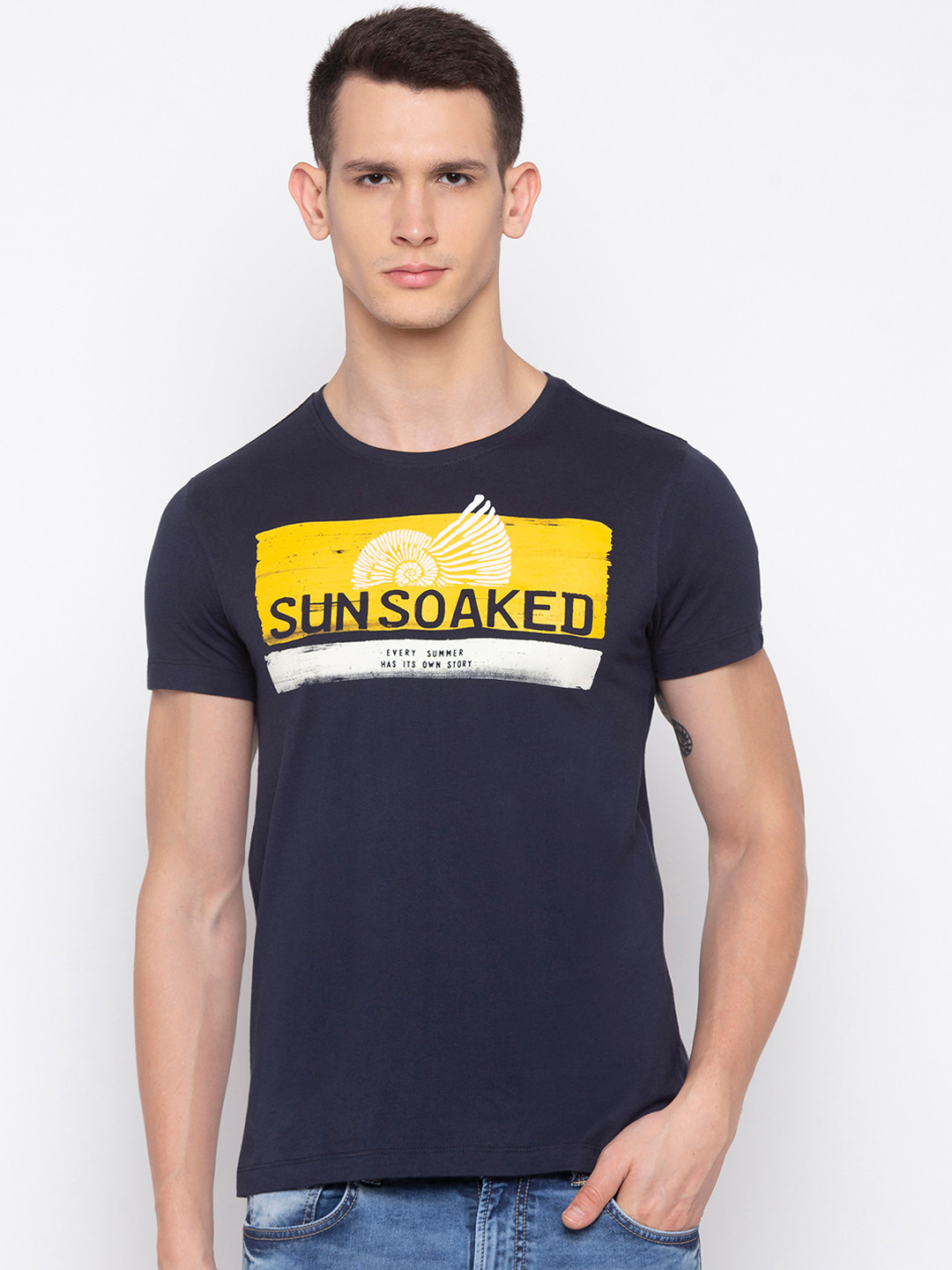 

SPYKAR Men Navy Blue & Yellow Printed Round Neck T-shirt