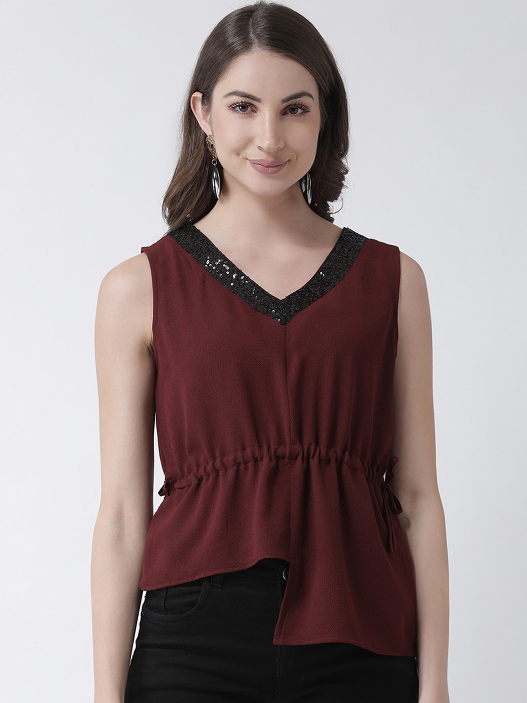 

KASSUALLY Women Maroon Solid Blouson Top