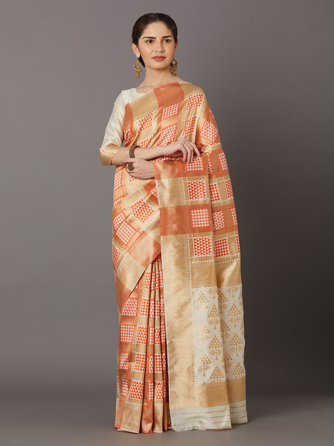 

Mitera Orange & Orange Silk Blend Woven Design Kanjeevaram Saree