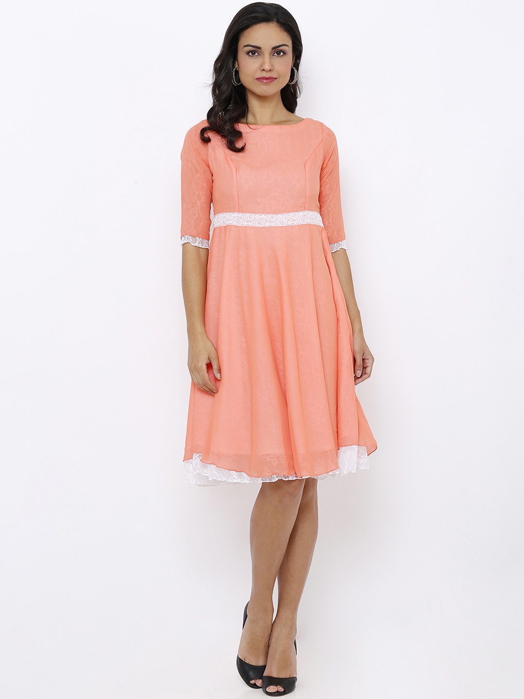 

Soie Women Peach-Coloured Self Design Fit and Flare Dress