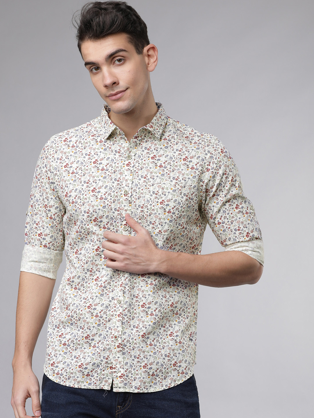 

LOCOMOTIVE Men Off-White & Blue Slim Fit Printed Casual Shirt