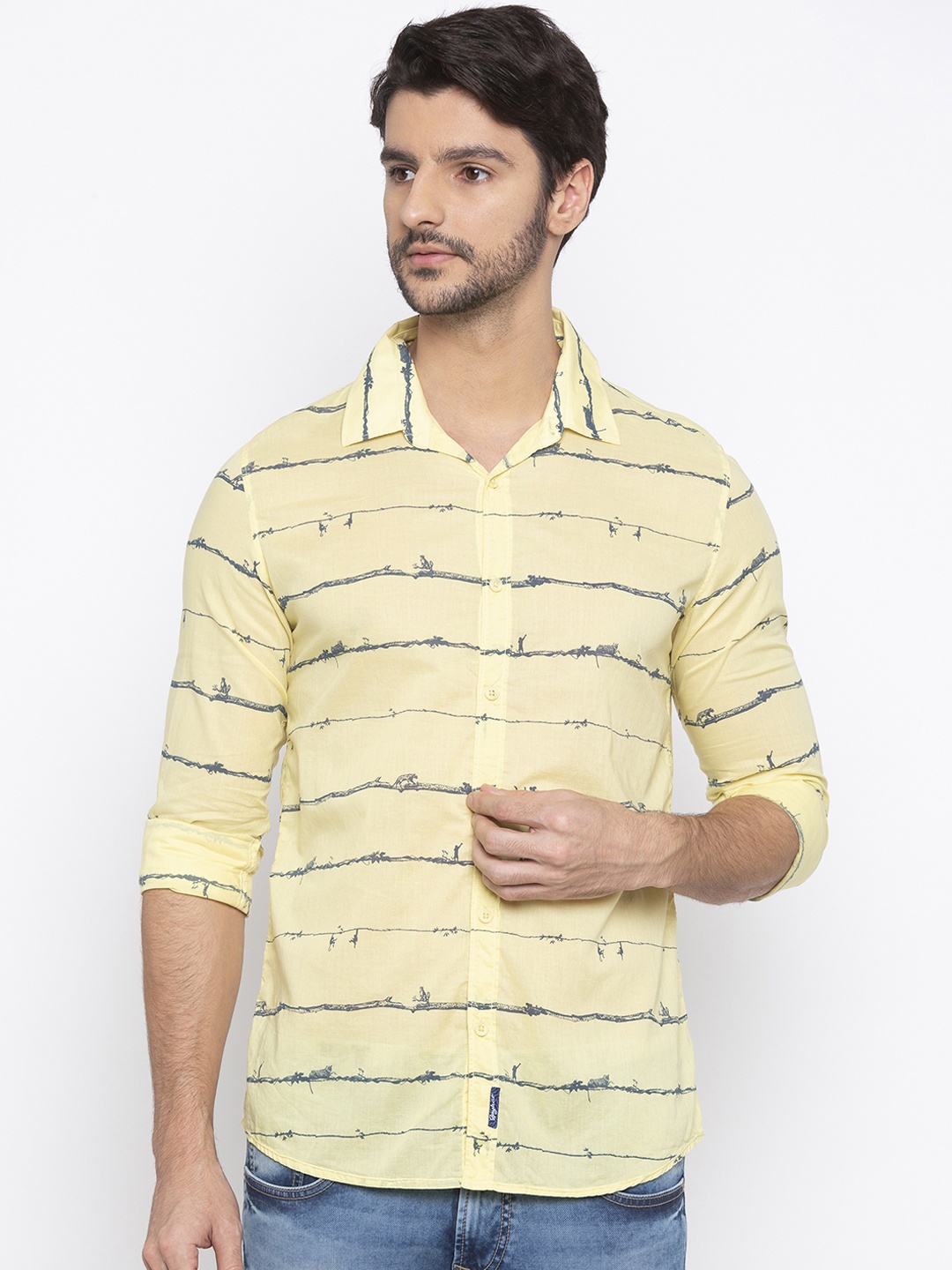 

SPYKAR Men Yellow Slim Fit Striped Casual Shirt