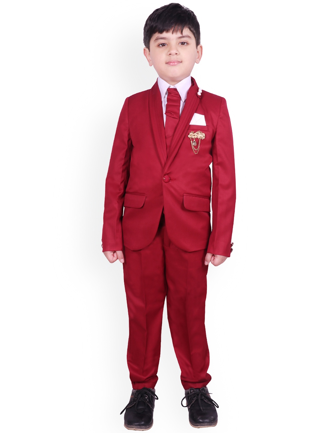

SG YUVRAJ Boys Maroon & Pink Solid Tuxedo Party Suit