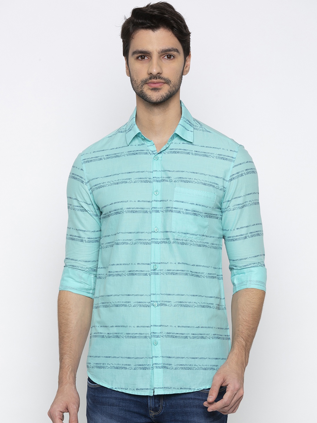 

SPYKAR Men Blue Slim Fit Striped Casual Shirt