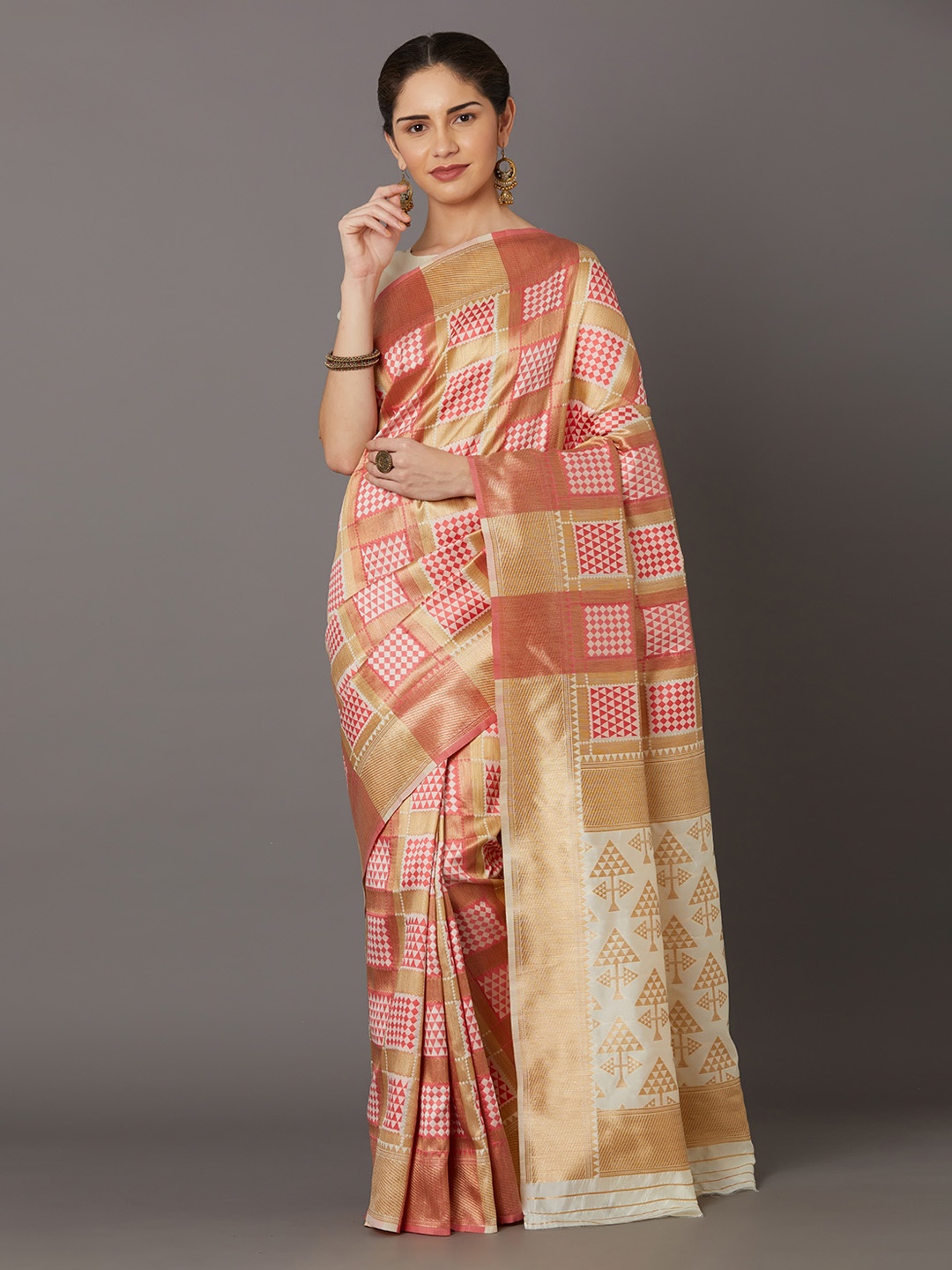 

Mitera Cream-Coloured & Pink Silk Blend Woven Design Kanjeevaram Saree