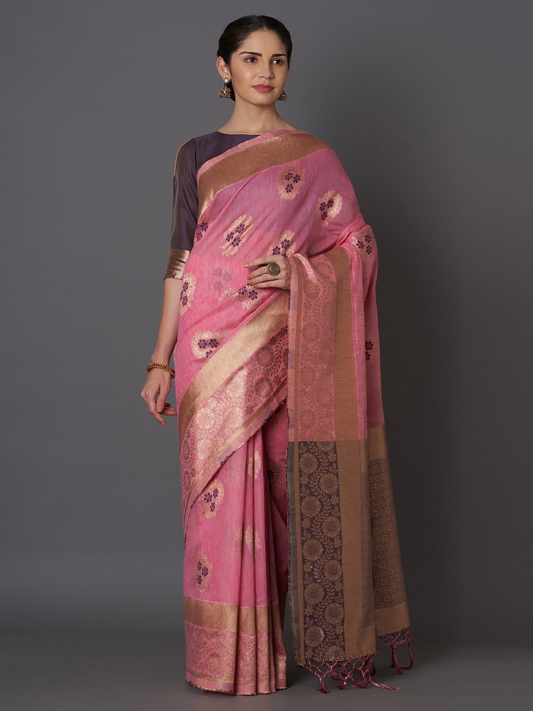 

Mitera Pink Silk Blend Woven Design Kanjeevaram Saree