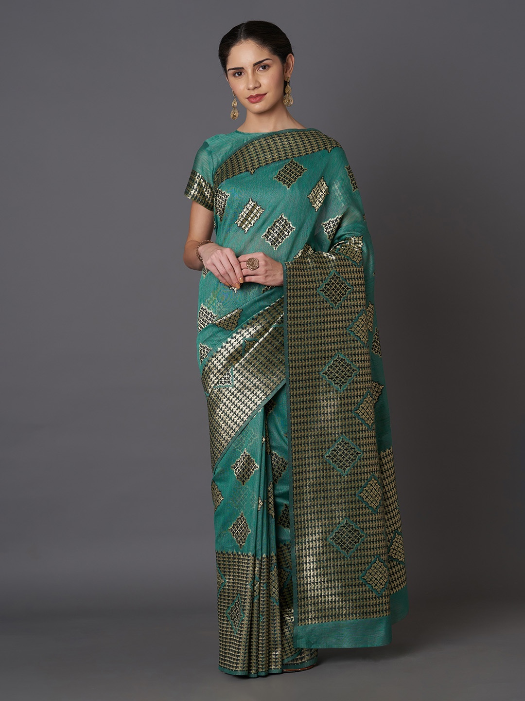 

Mitera Teal Silk Blend Woven Design Kanjeevaram Saree