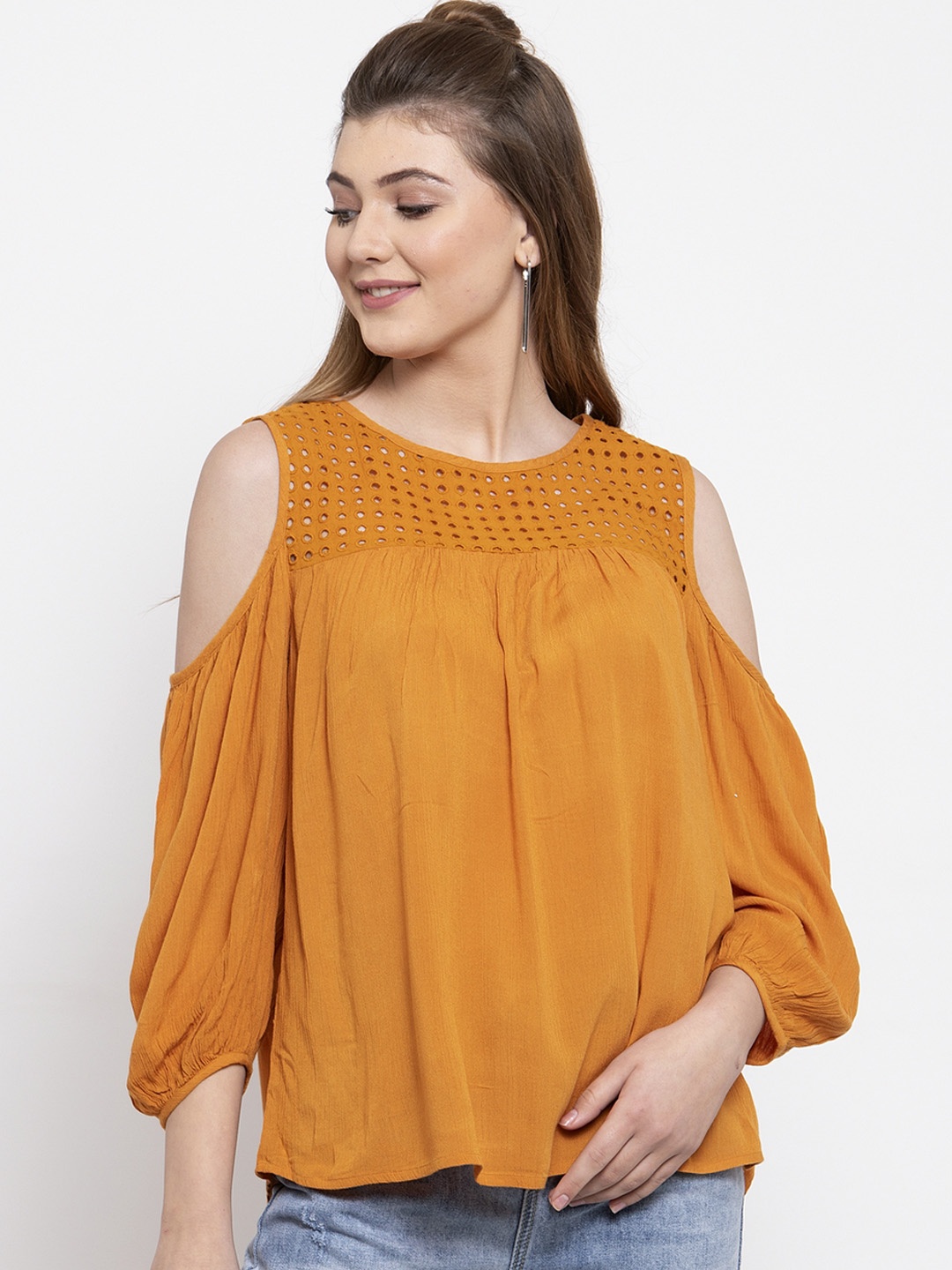 

Gipsy Women Mustard Yellow Solid A-Line Top