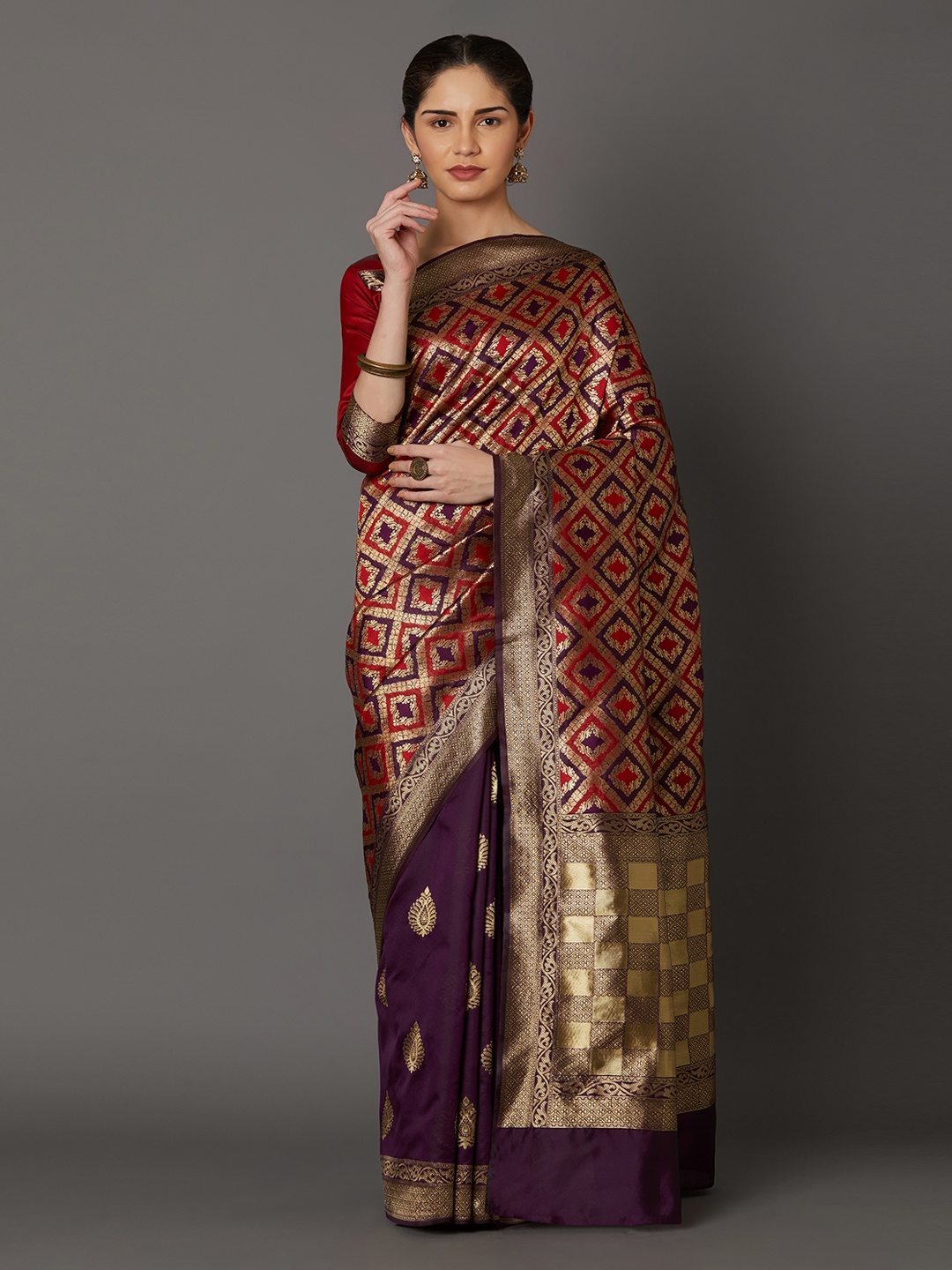 

Mitera Purple & Red Silk Blend Woven Design Kanjeevaram Saree