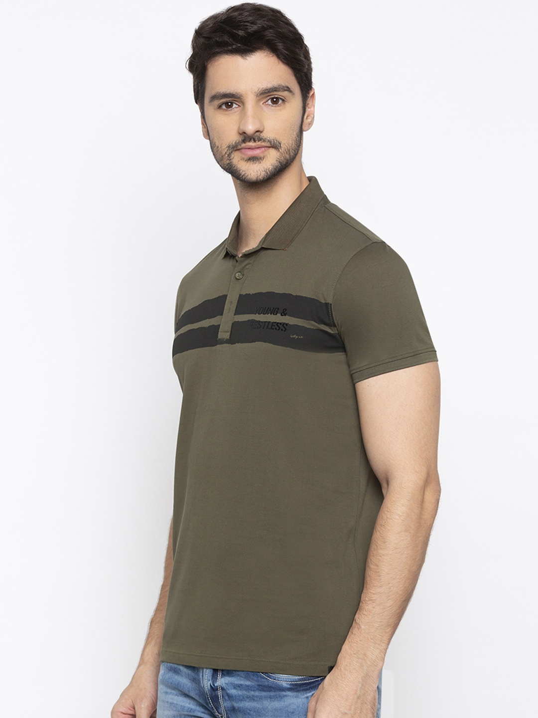 

SPYKAR Men Olive Green Striped Polo Collar T-shirt
