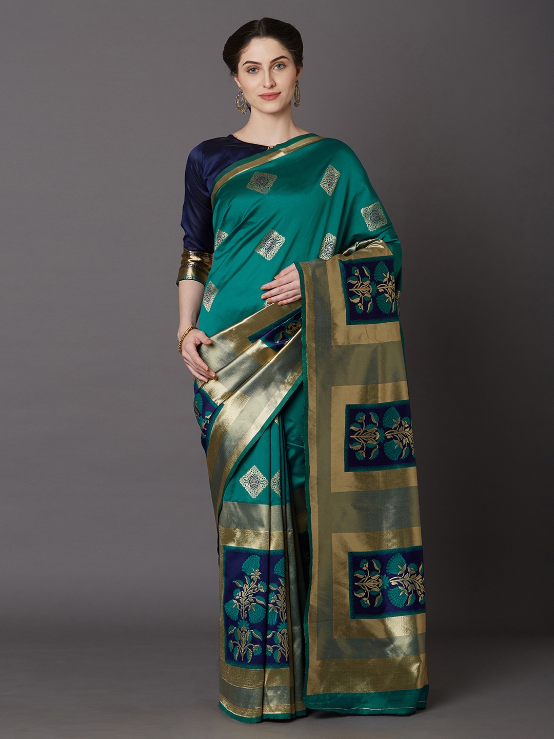 

Mitera Teal Silk Blend Woven Design Kanjeevaram Saree