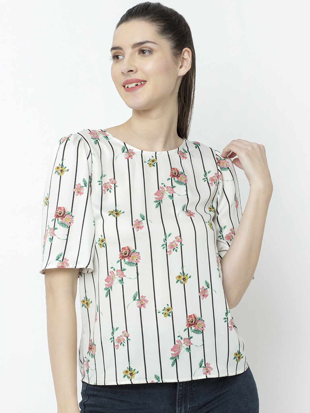 

SQew Women Off-White Floral Print Top