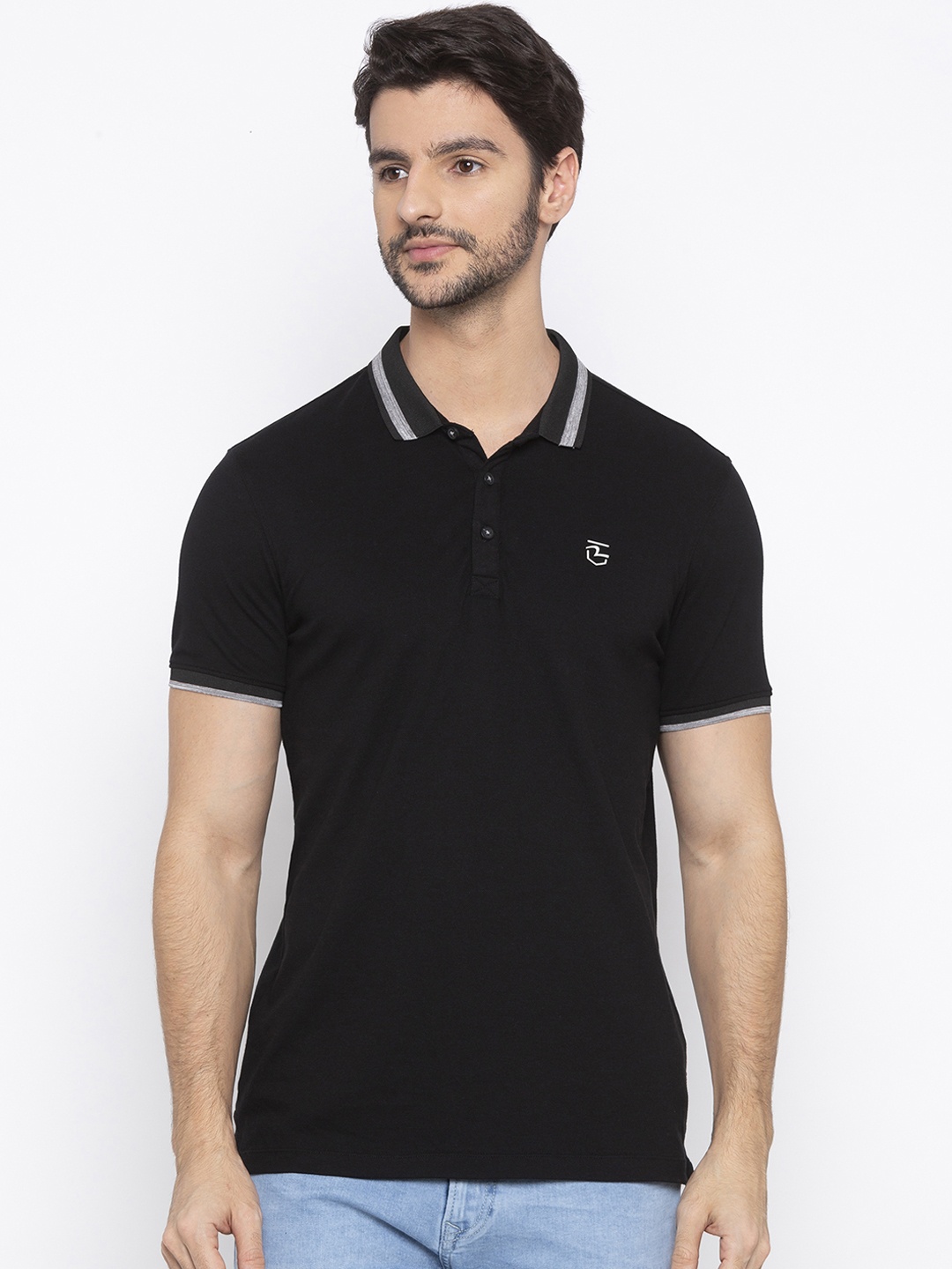 

SPYKAR Men Black Striped Polo Collar T-shirt