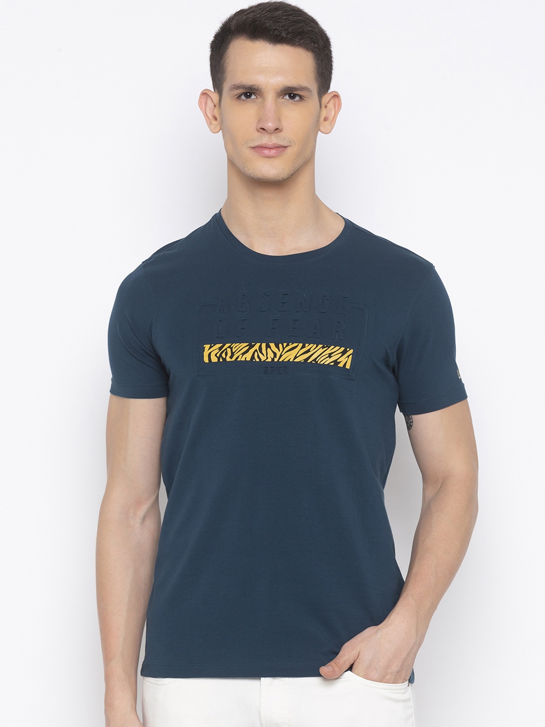 

SPYKAR Men Teal Blue Printed Round Neck T-shirt