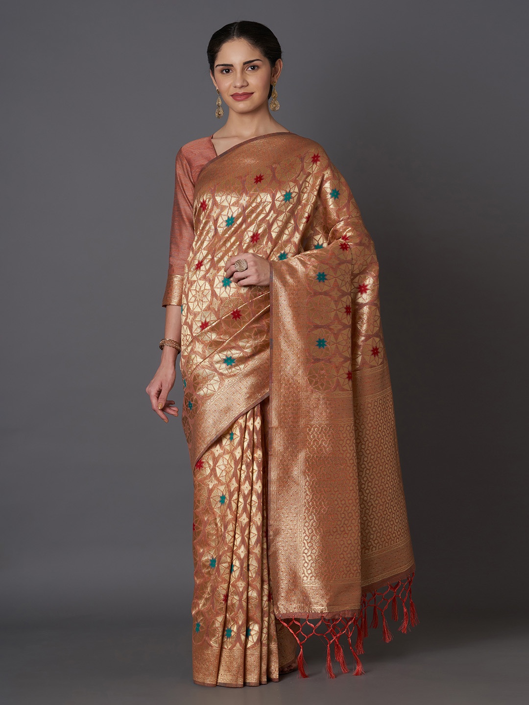 

Mitera Rust Silk Blend Woven Design Kanjeevaram Saree