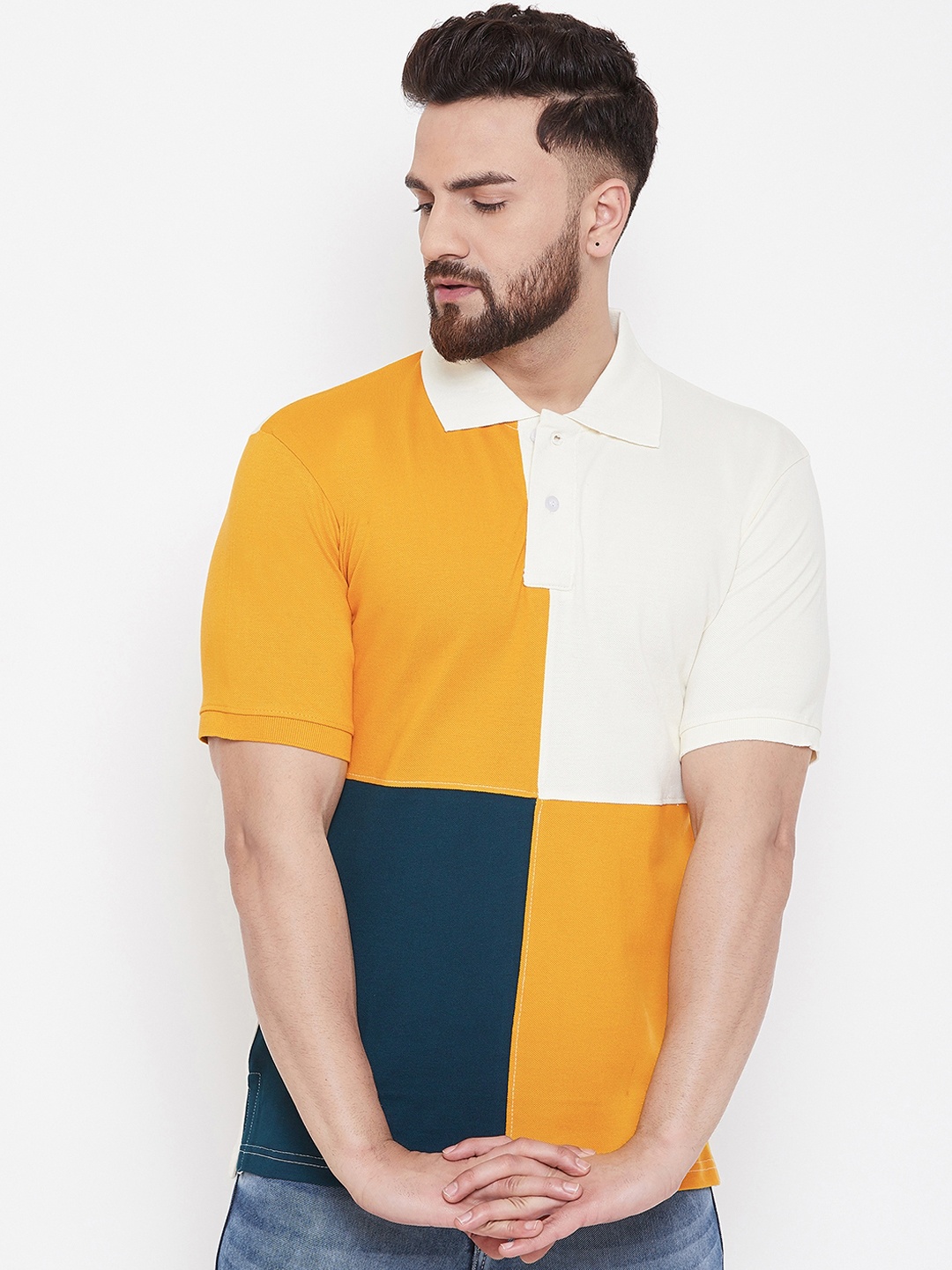 

The Dry State Men Yellow & White Colourblocked Polo Collar T-shirt
