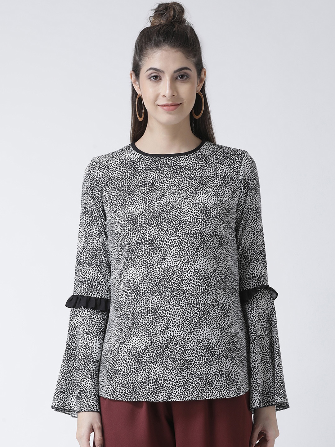 KASSUALLY Women Black And White Animal Print A-Line Top