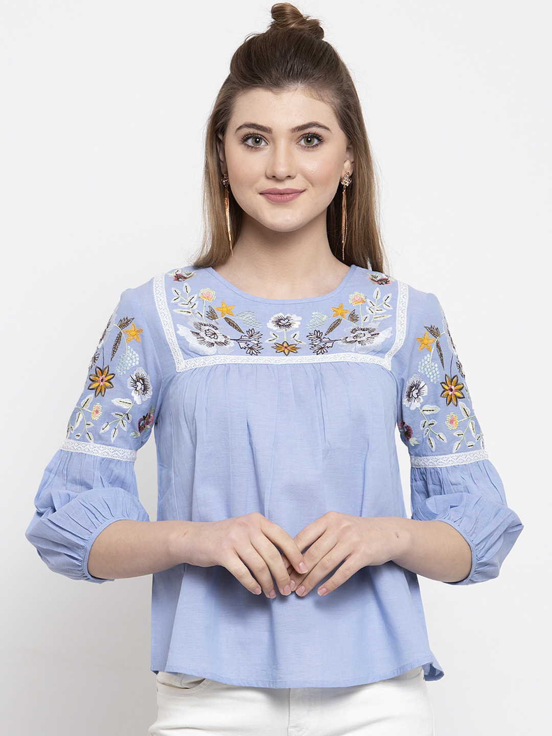 

Gipsy Women Blue & Yellow Embroidered Empire Top