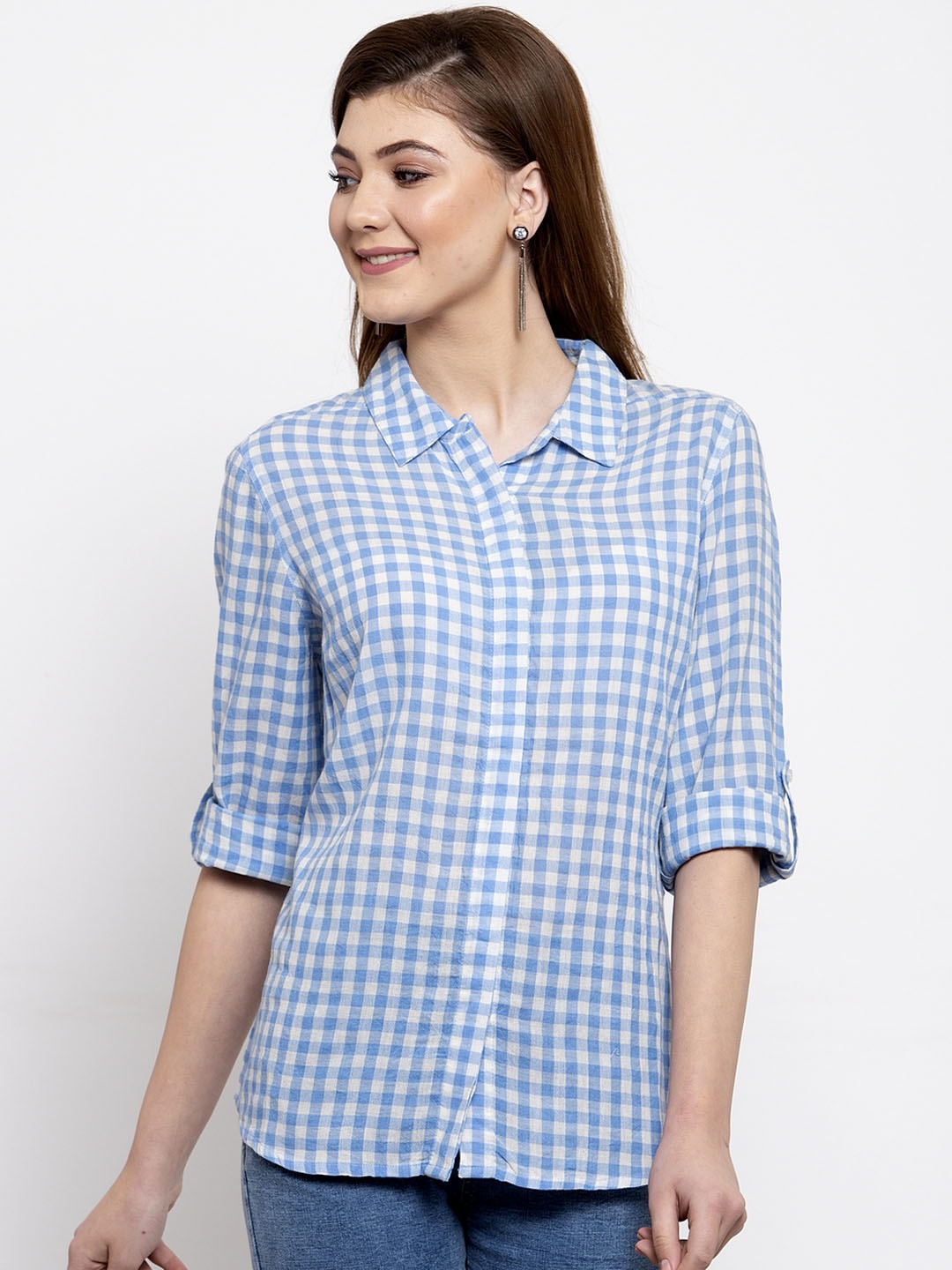 Gipsy Women Blue & White Regular Fit Checked Casual Shirt