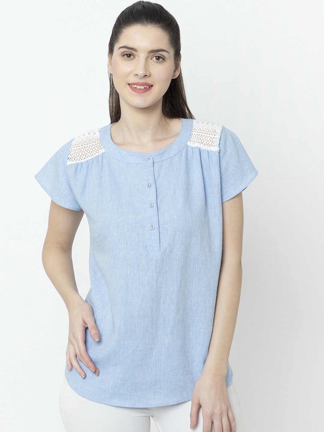 

SQew Women Blue Self Design Chambray Pure Cotton Top