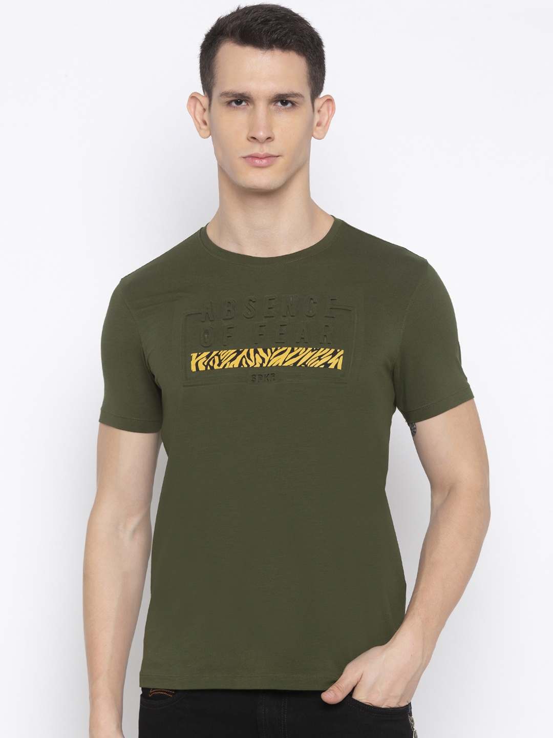 SPYKAR Men Olive Green Printed Round Neck T-shirt