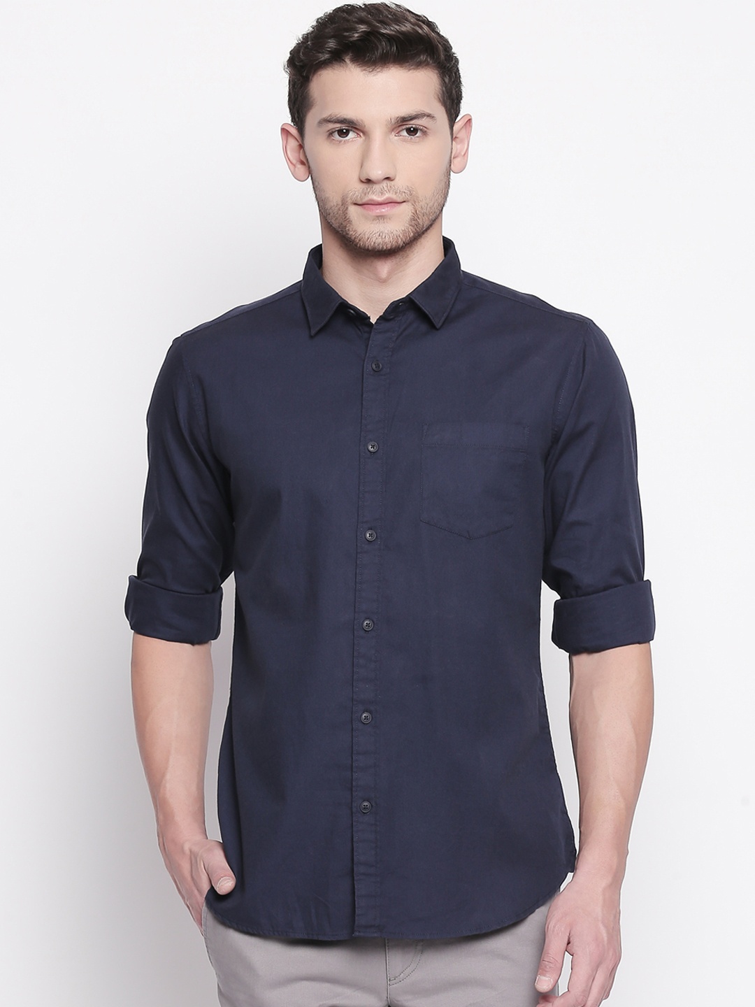 

BYFORD by Pantaloons Men Navy Blue Slim Fit Solid Casual Shirt