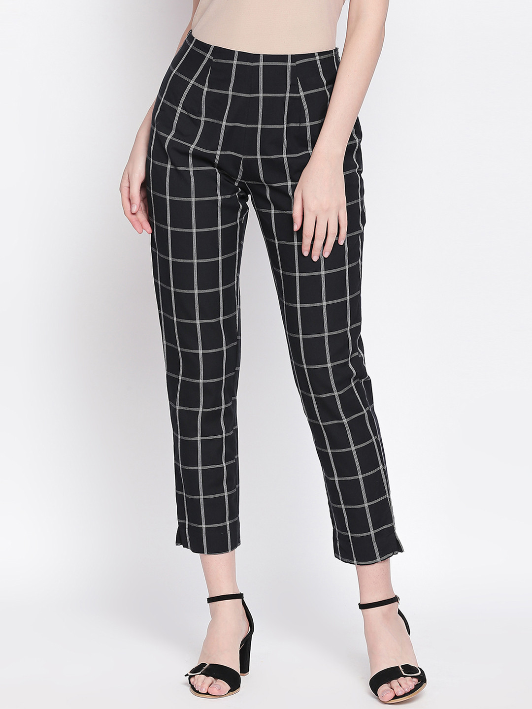 

RANGMANCH BY PANTALOONS Women Black & White Regular Fit Checked Crop Peg Trousers