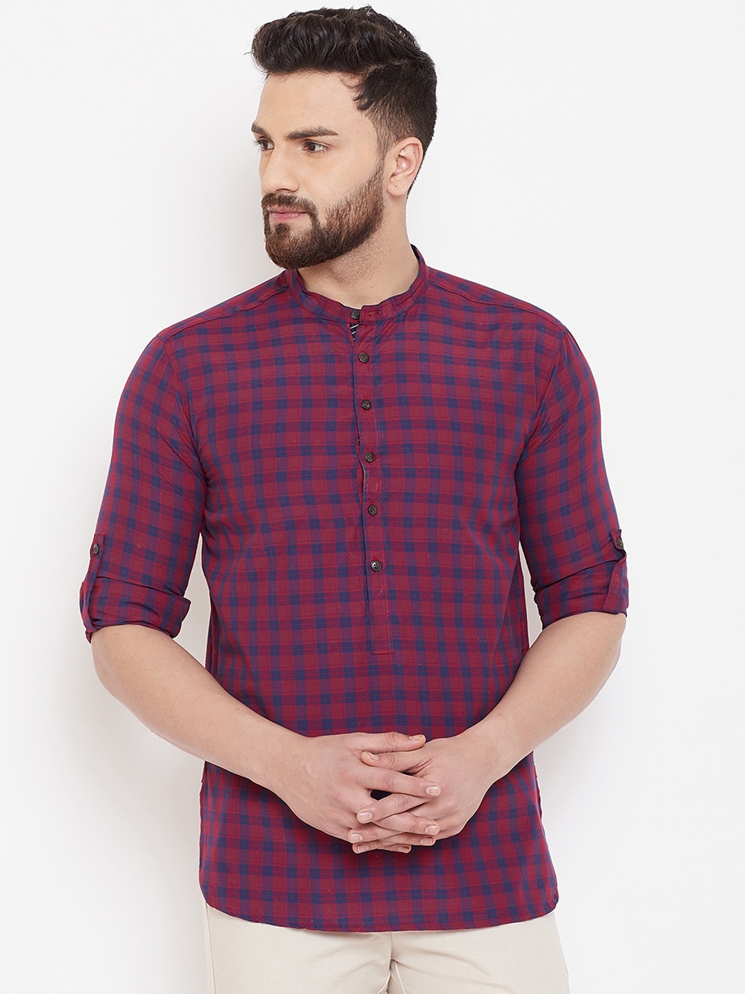 

even Men Maroon & Blue Checked Straight Kurta