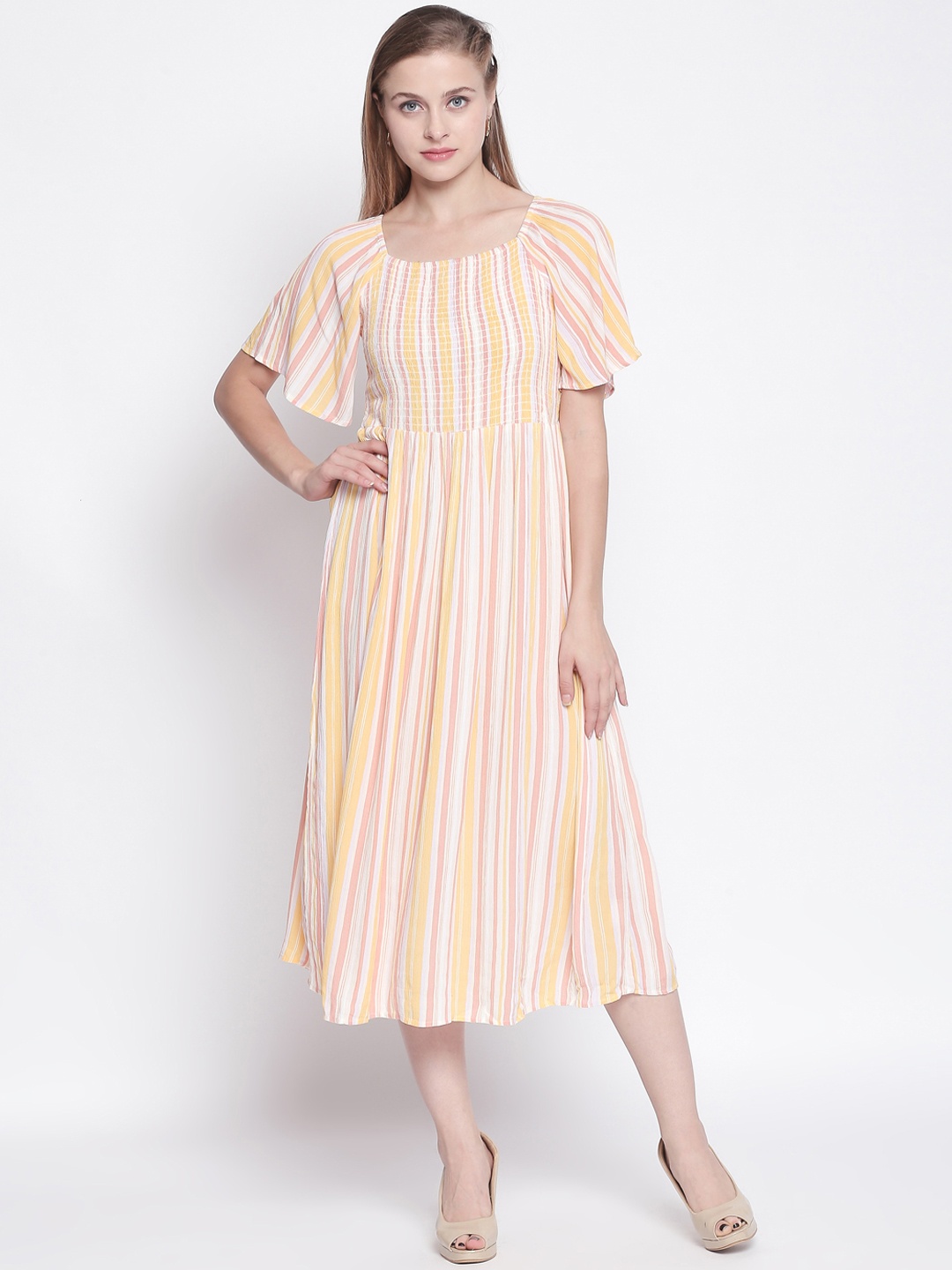 

Honey by Pantaloons Women Yellow Smocked Striped A-Line Dress