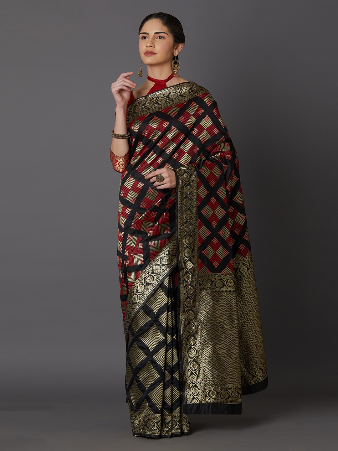 Mitera Black & Red Silk Blend Woven Design Kanjeevaram Saree