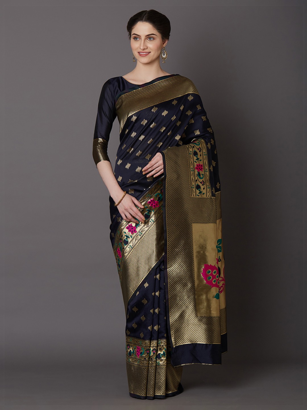 

Mitera Black Silk Blend Woven Design Kanjeevaram Saree
