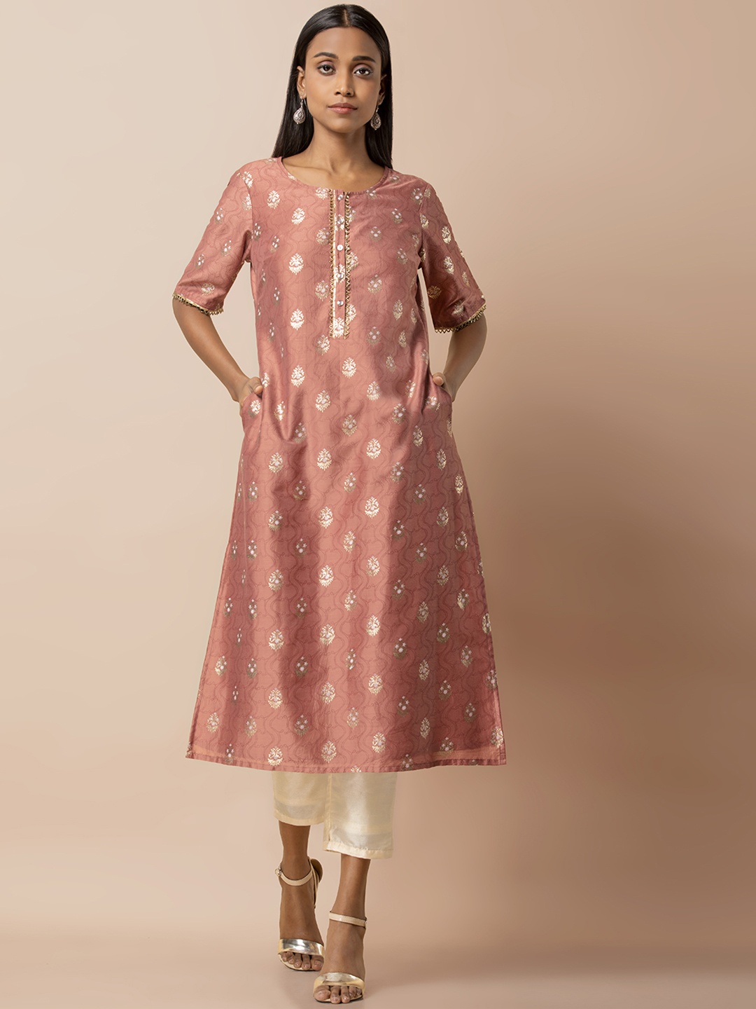 

INDYA Women Pink & Gold-Coloured Printed Straight Kurta