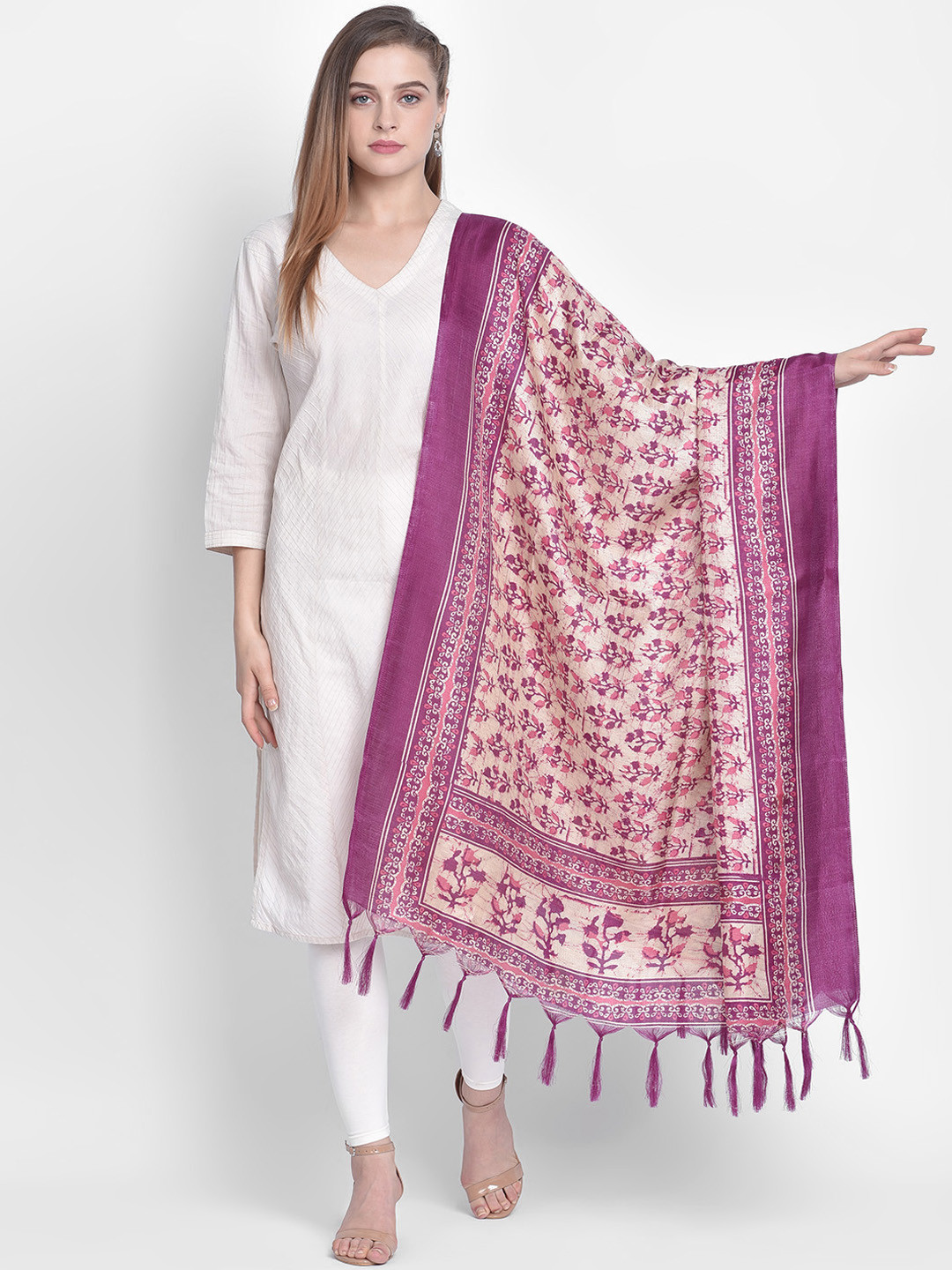 

Dupatta Bazaar Women Cream-Coloured & Purple Printed Art Silk Dupatta