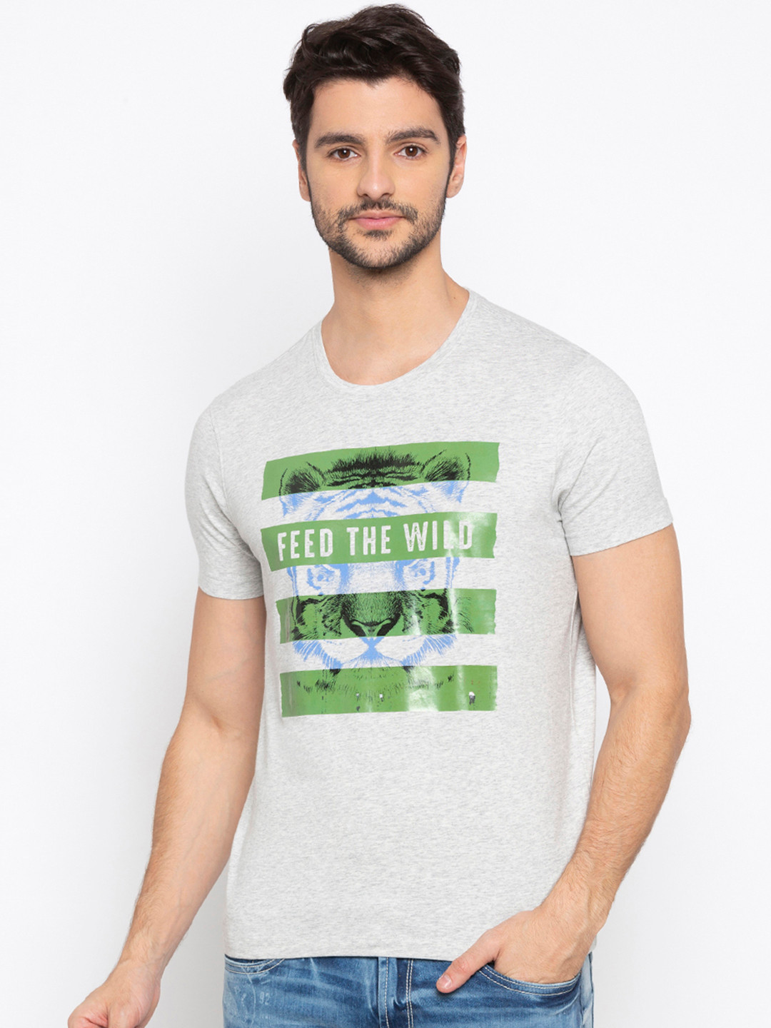 

SPYKAR Men Grey Printed Round Neck T-shirt