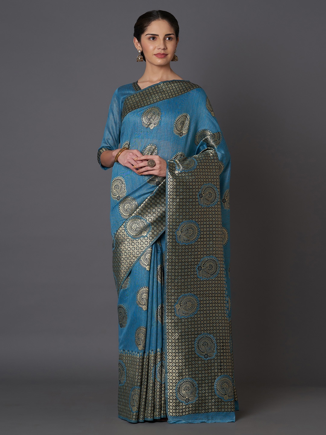 Mitera Turquoise Blue & Gold-Toned Silk Blend Woven Design Kanjeevaram Saree