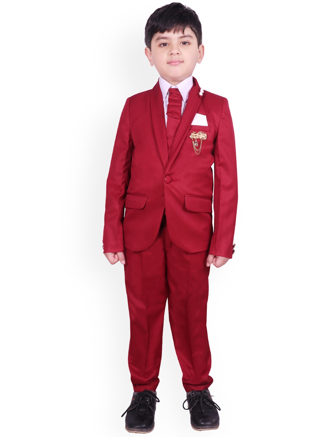 

SG YUVRAJ Boys Maroon & Pink Solid Tuxedo Party Suit