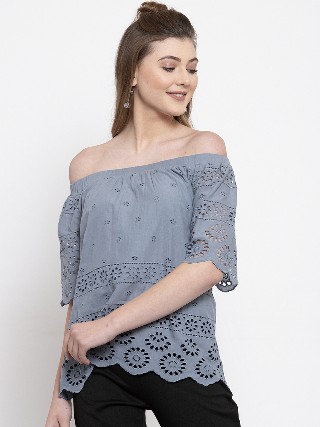 

Gipsy Women Grey Self Design Bardot Top