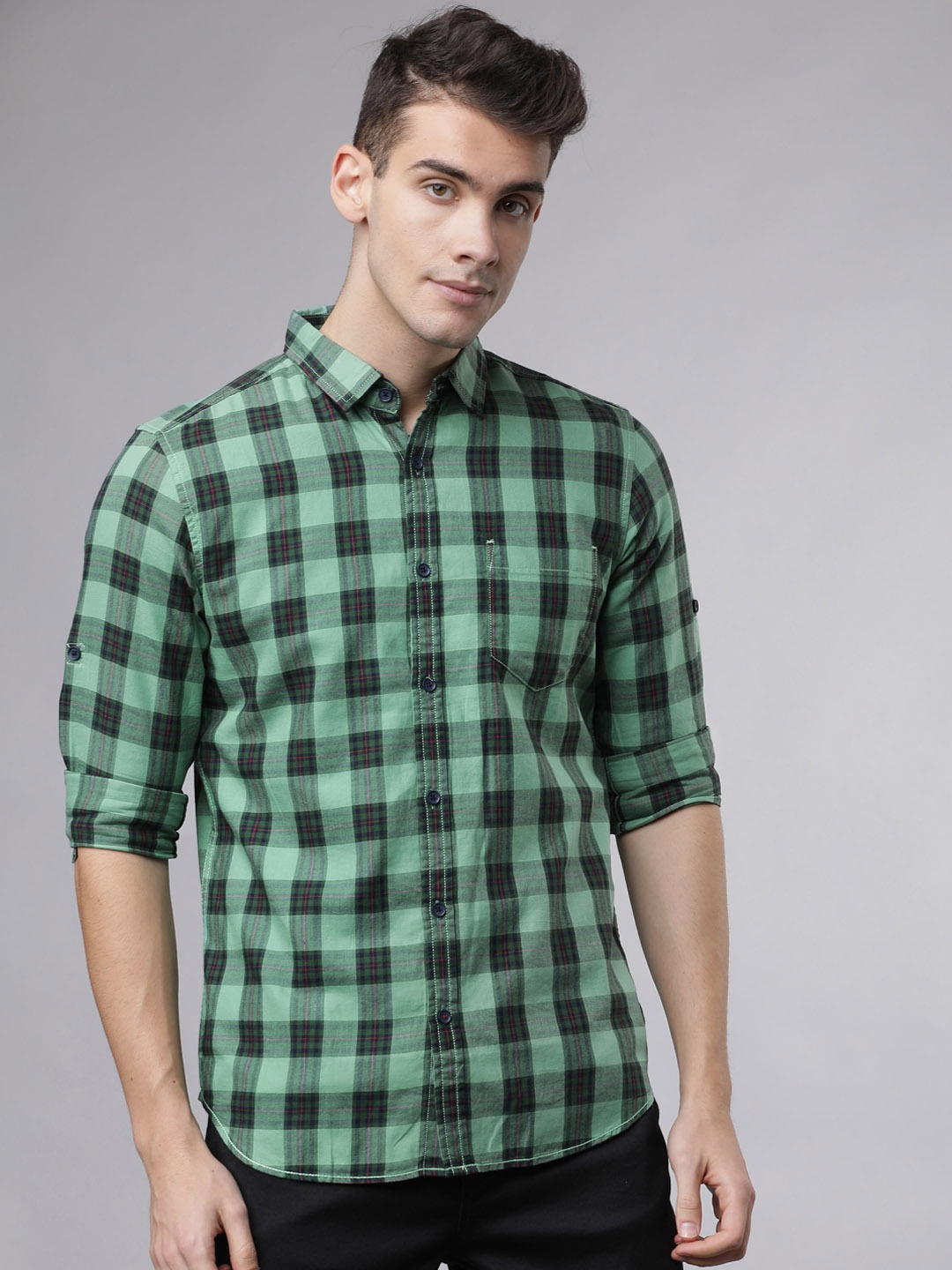 

LOCOMOTIVE Men Green & Navy Blue Slim Fit Checked Casual Shirt