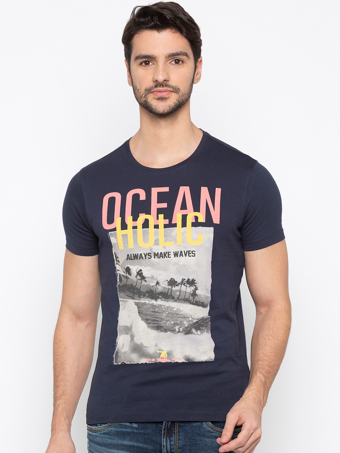 

SPYKAR Men Navy Blue Printed Round Neck T-shirt