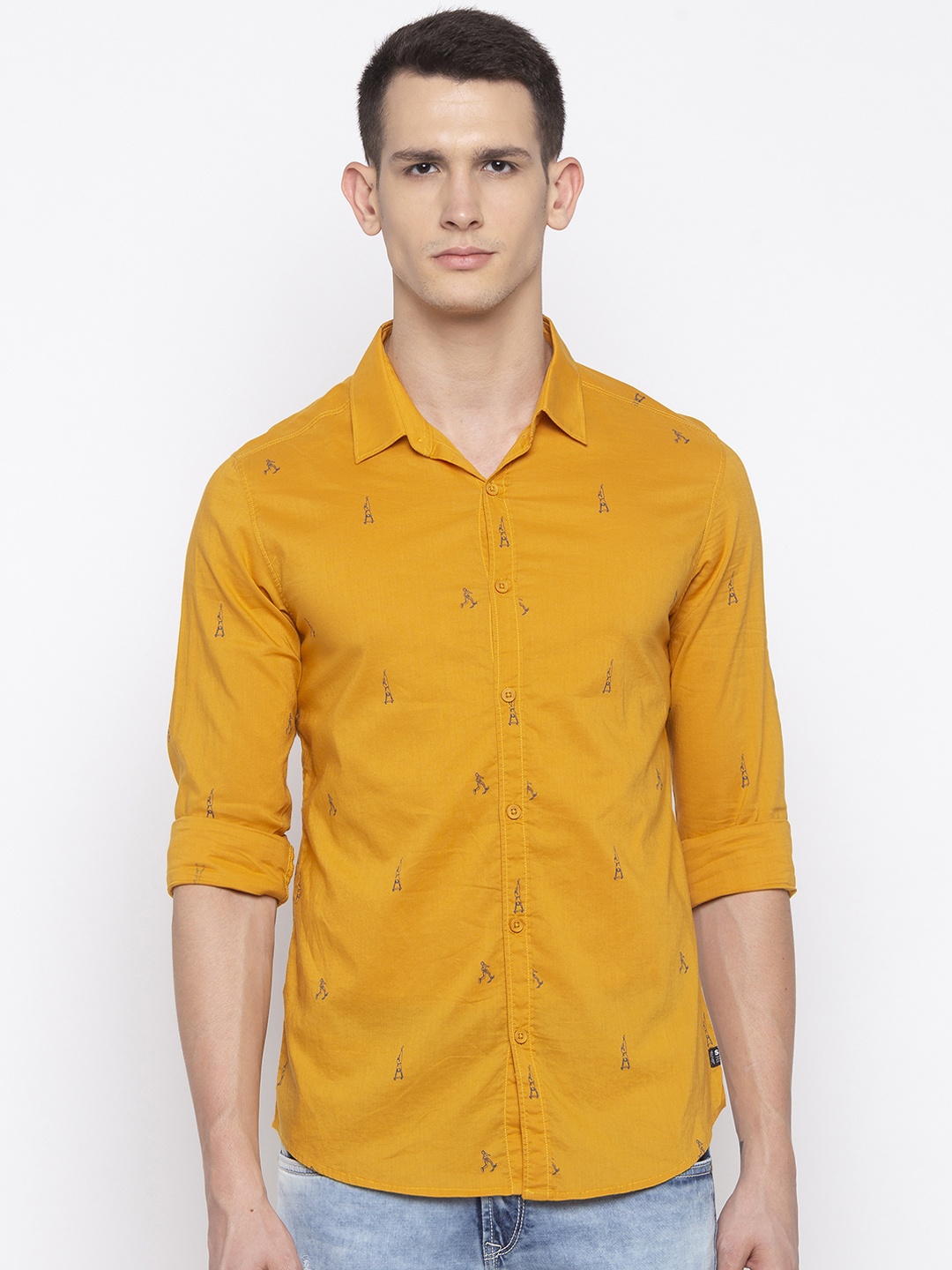 SPYKAR Men Yellow Slim Fit Printed Casual Shirt