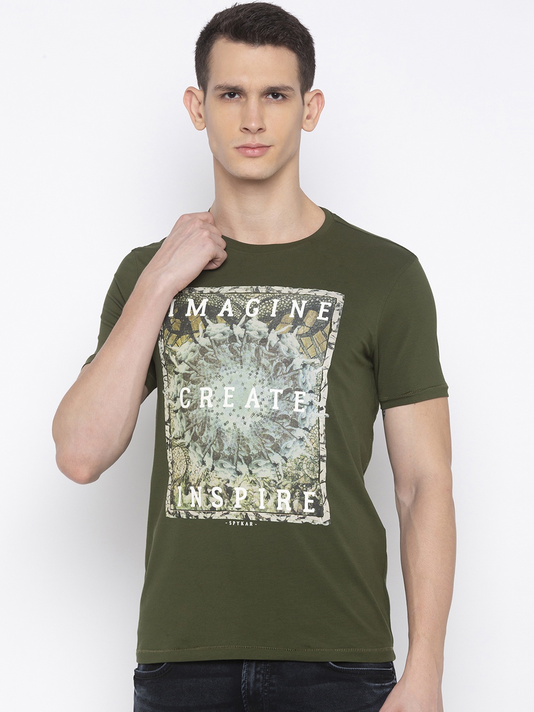 

SPYKAR Men Olive Green & Off-White Printed Round Neck T-shirt