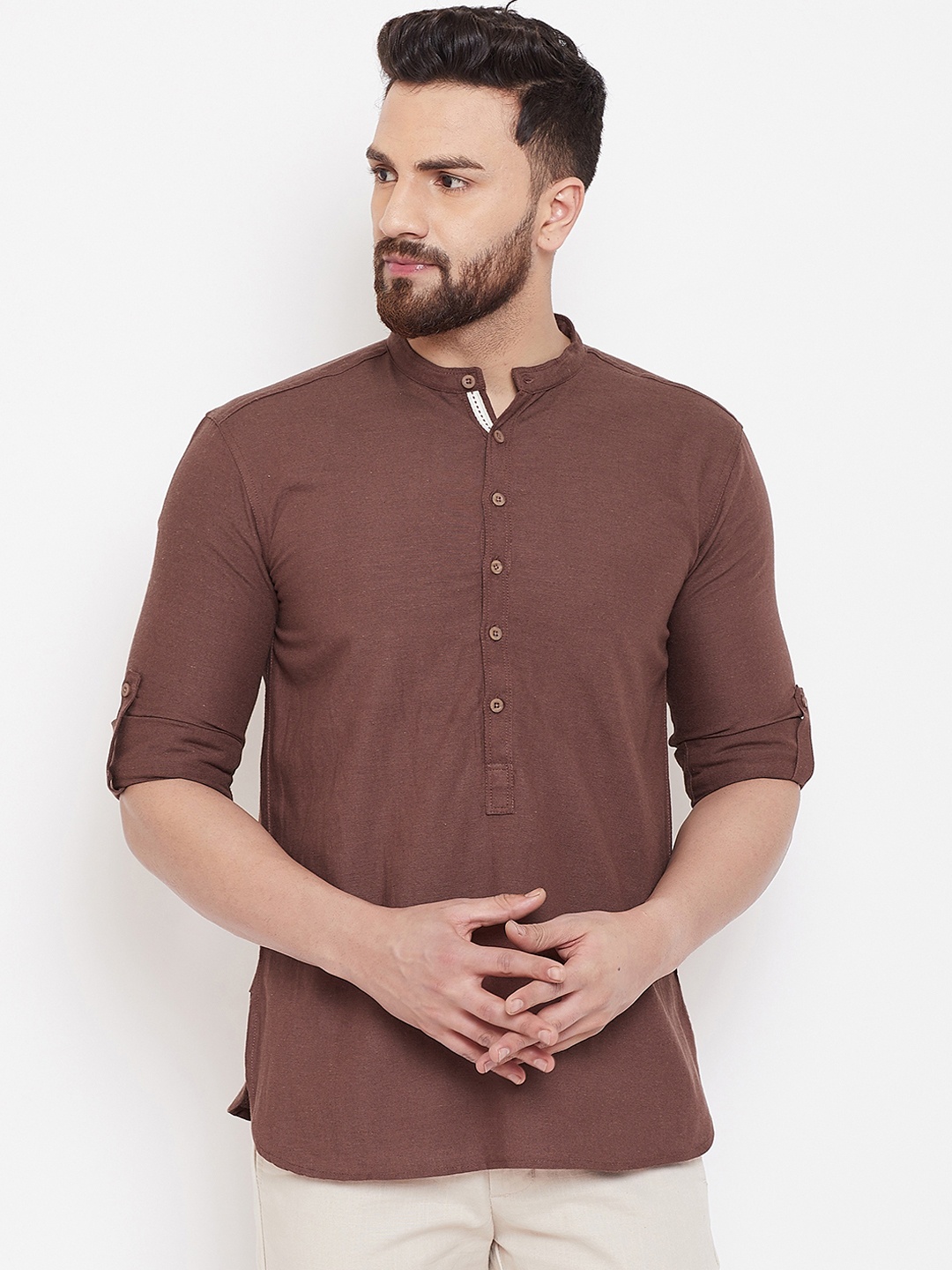 even Men Brown Woven Design Straight Kurta