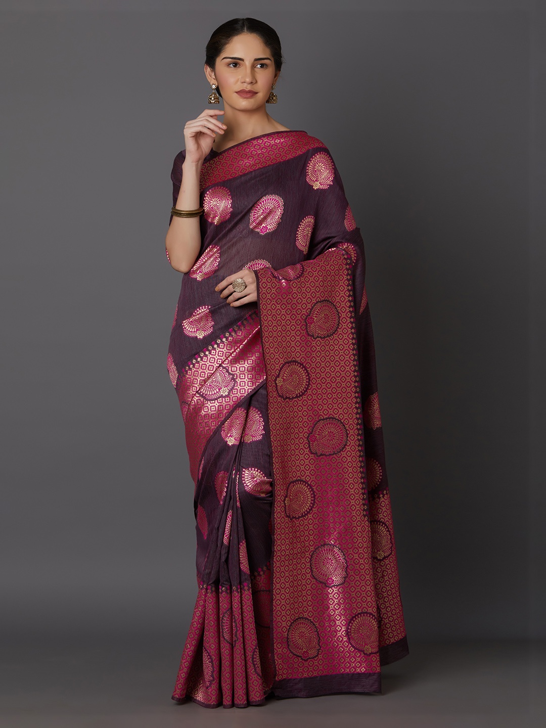

Mitera Burgundy & Pink Silk Blend Woven Design Kanjeevaram Saree