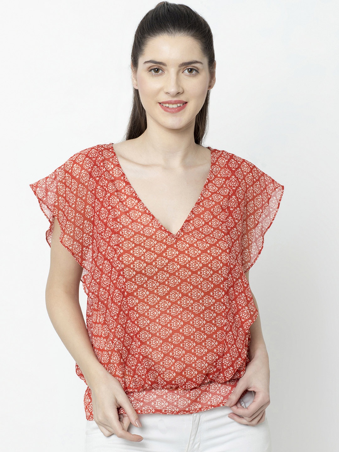 

SQew Women Orange Printed Blouson Top