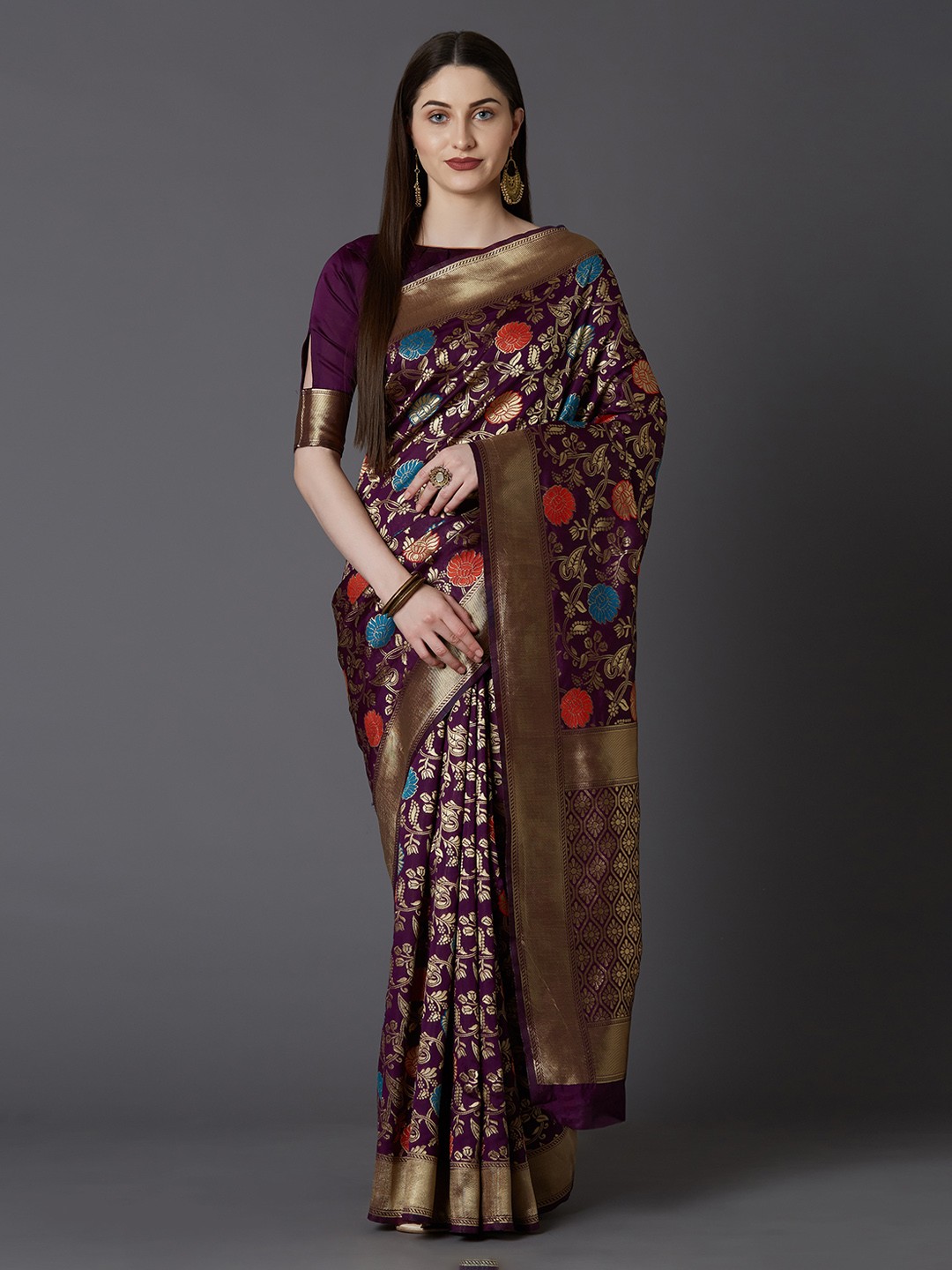 

Mitera Purple & Gold-Coloured Silk Blend Woven Design Kanjeevaram Saree
