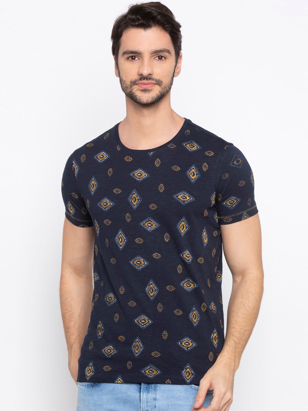

SPYKAR Men Navy Blue Printed Round Neck T-shirt