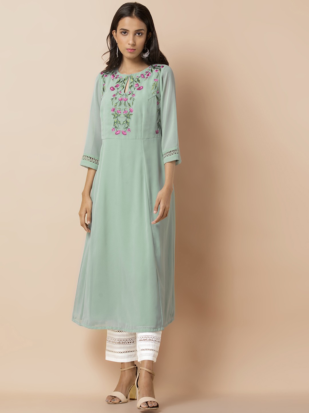 

INDYA Women Green Embroidered A-Line Kurta