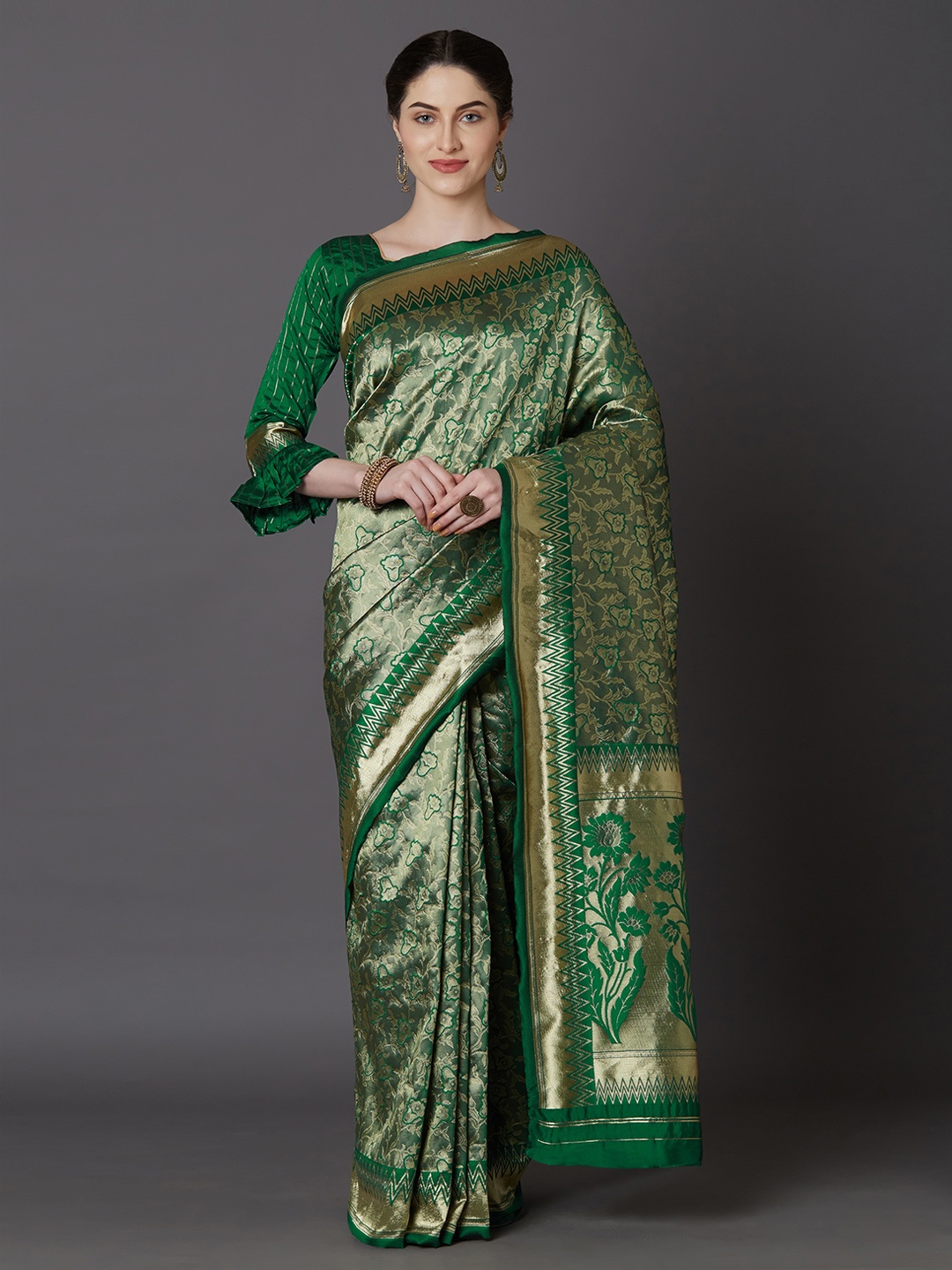 Mitera Green Silk Blend Woven Design Kanjeevaram Saree